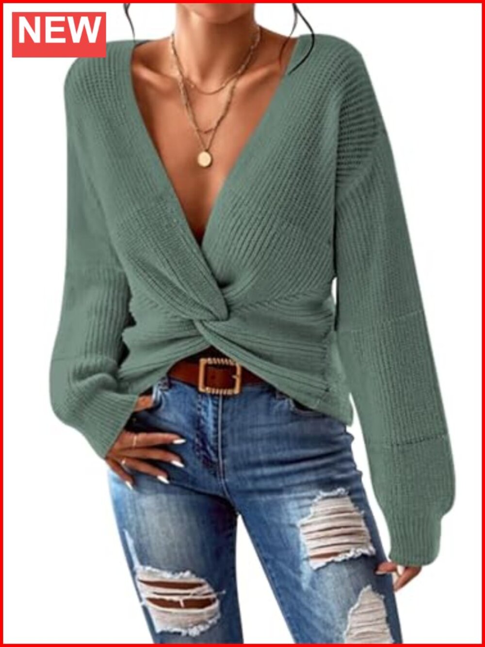 Women's Deep V Neck Twist Front Cropped Sweater Long Sleeve Knit Pullover